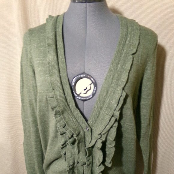EDDIE BAUER Cardigan sweater S Olive Green Ruffled V-neck Tight-knit Long sleeve - Picture 2 of 9